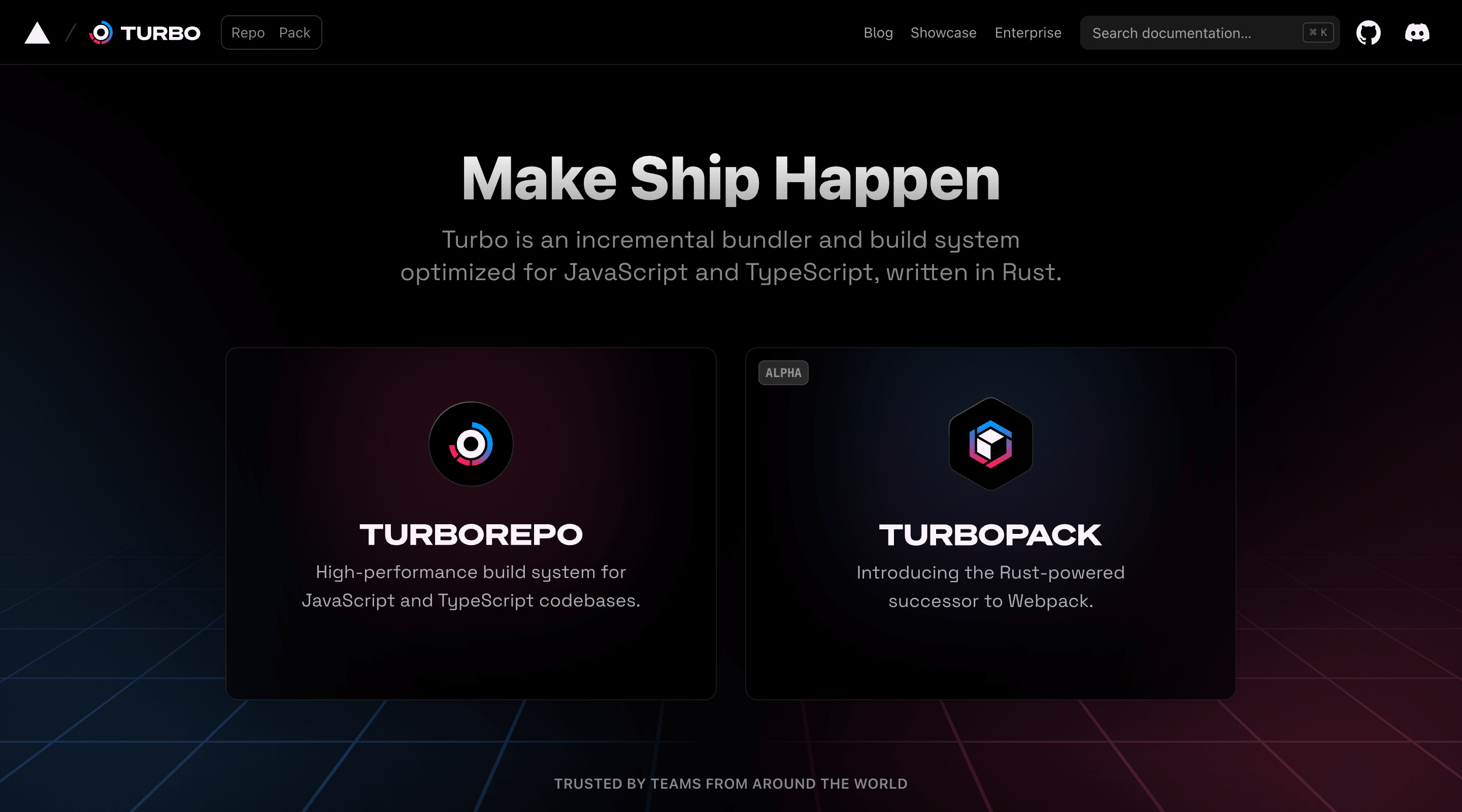 Screenshot of the Turbo homepage. The page’s primary purpose is to link to the different products in the Turbo stack: Turborepo and Turbopack. The headline says “Make Ship Happen,” there’s a subheadline, and below it, two big cards linking to Turborepo and Turbopack.